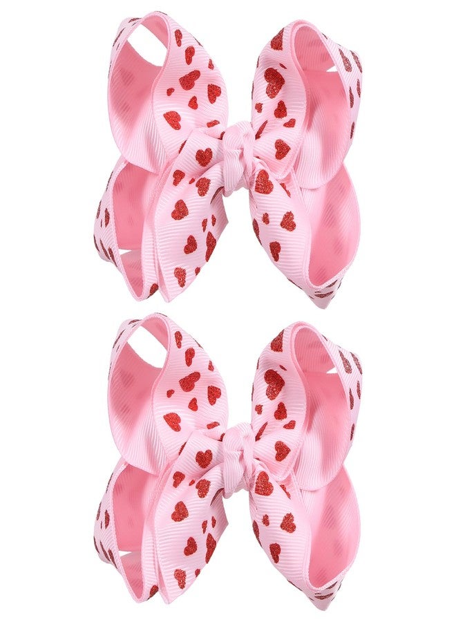 Miroksh Valentines Pink Hair Bows Gift for Girls Women 2Pcs 4.3in Cute Handmade Glittery Red Love Heart Ribbon Alligator Clips, Her Wedding Birthday Party Dress Decoration Accessories - Image 1